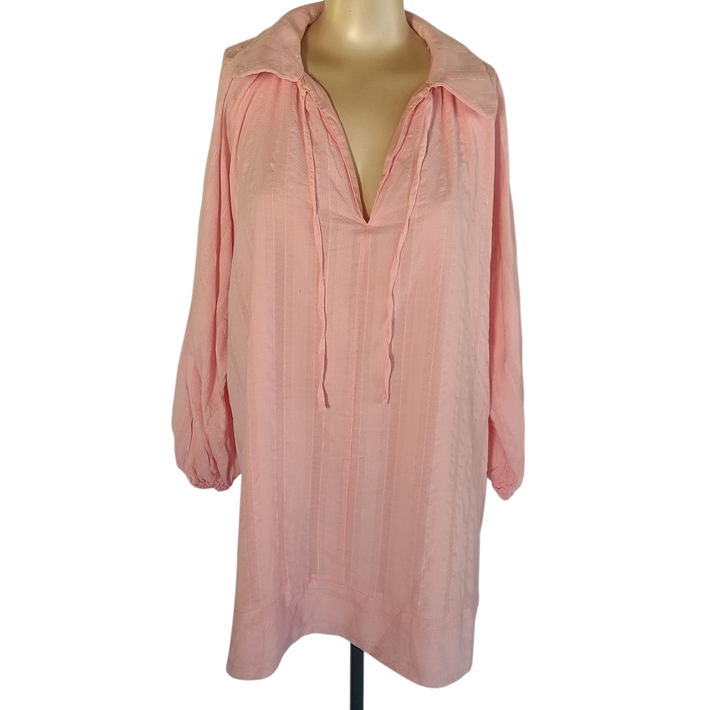 GiGiO Pink Dobby Stripe Balloon Sleeve Mini Dress Tunic Top Boho S